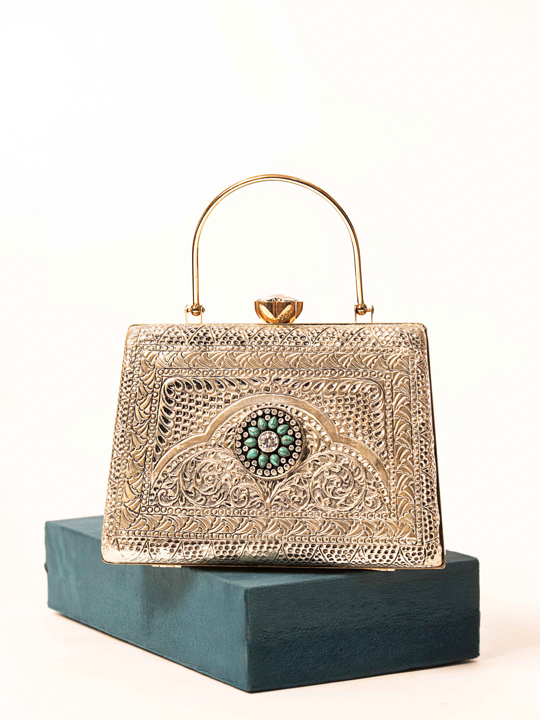 Silver Turquoise Glow Square Clutch (Price on Demand)