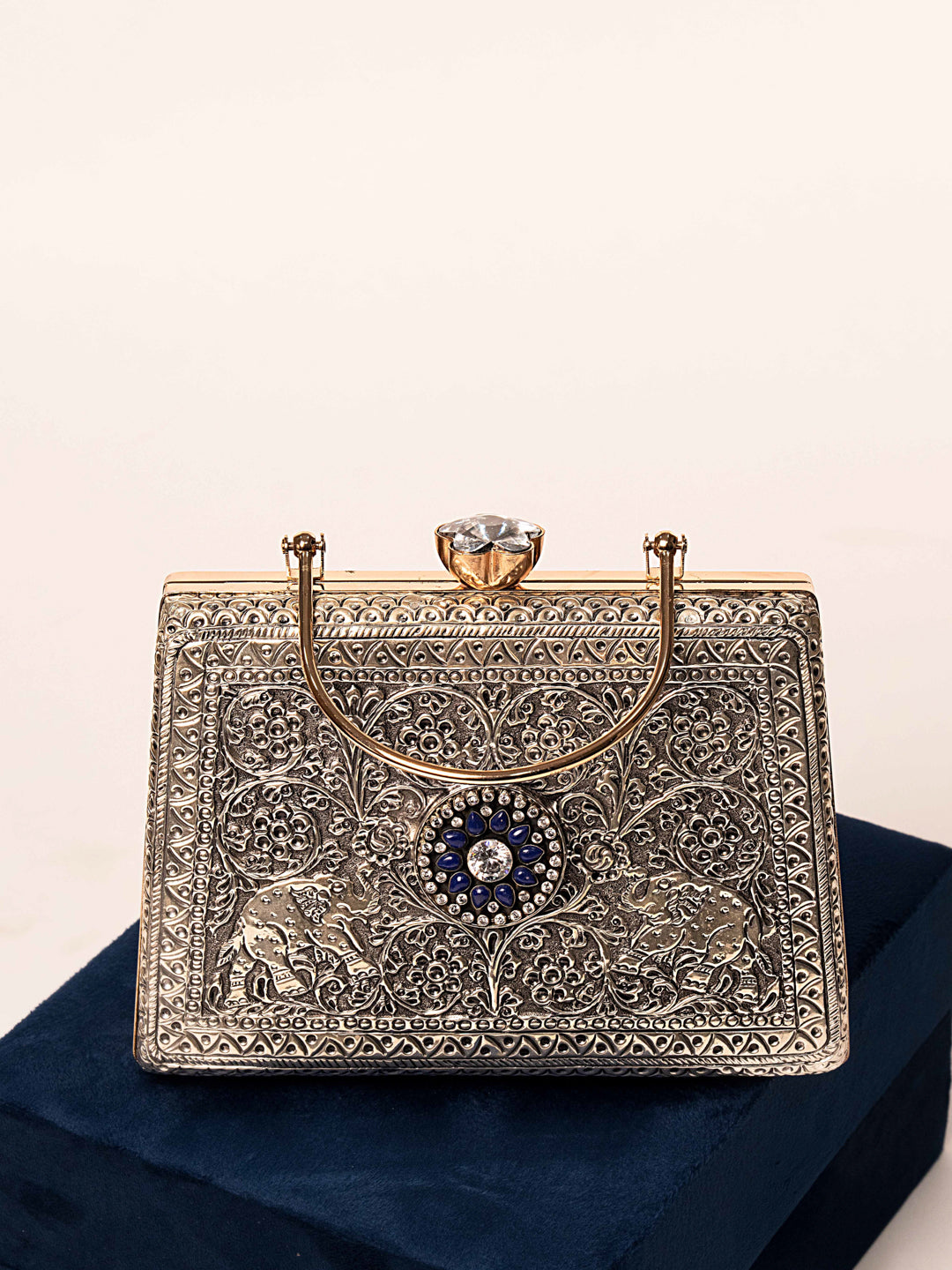 Silver Royal Elephant Blue Stone Clutch (Price on Demand)