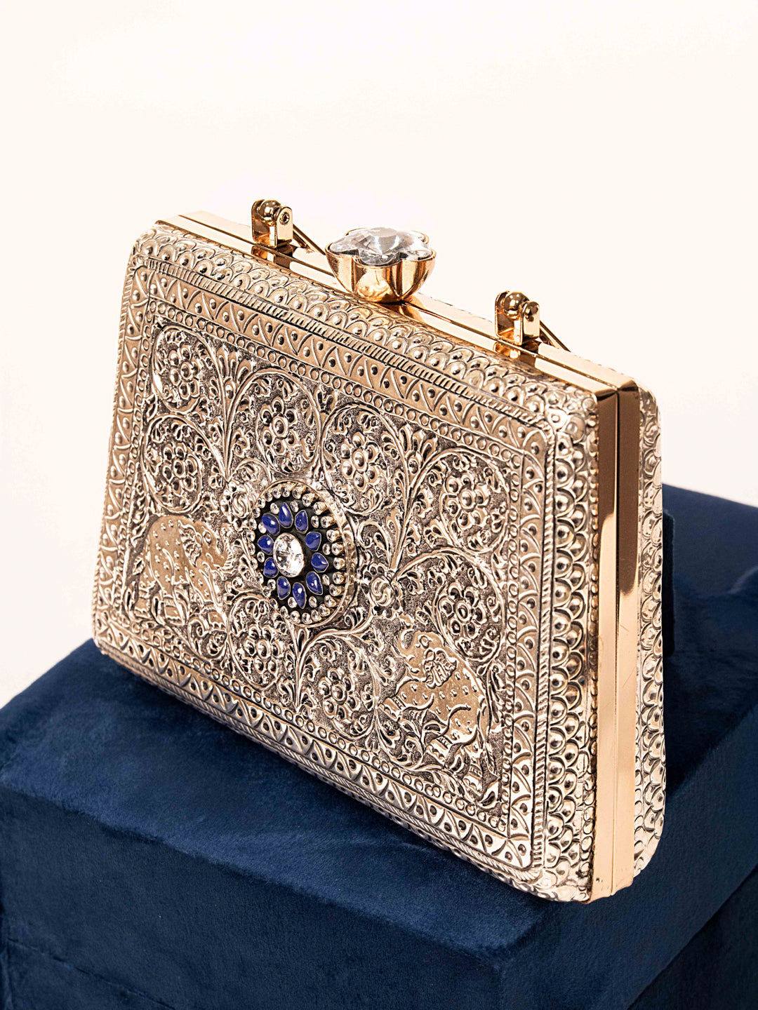 Silver Royal Elephant Blue Stone Clutch (Price on Demand)