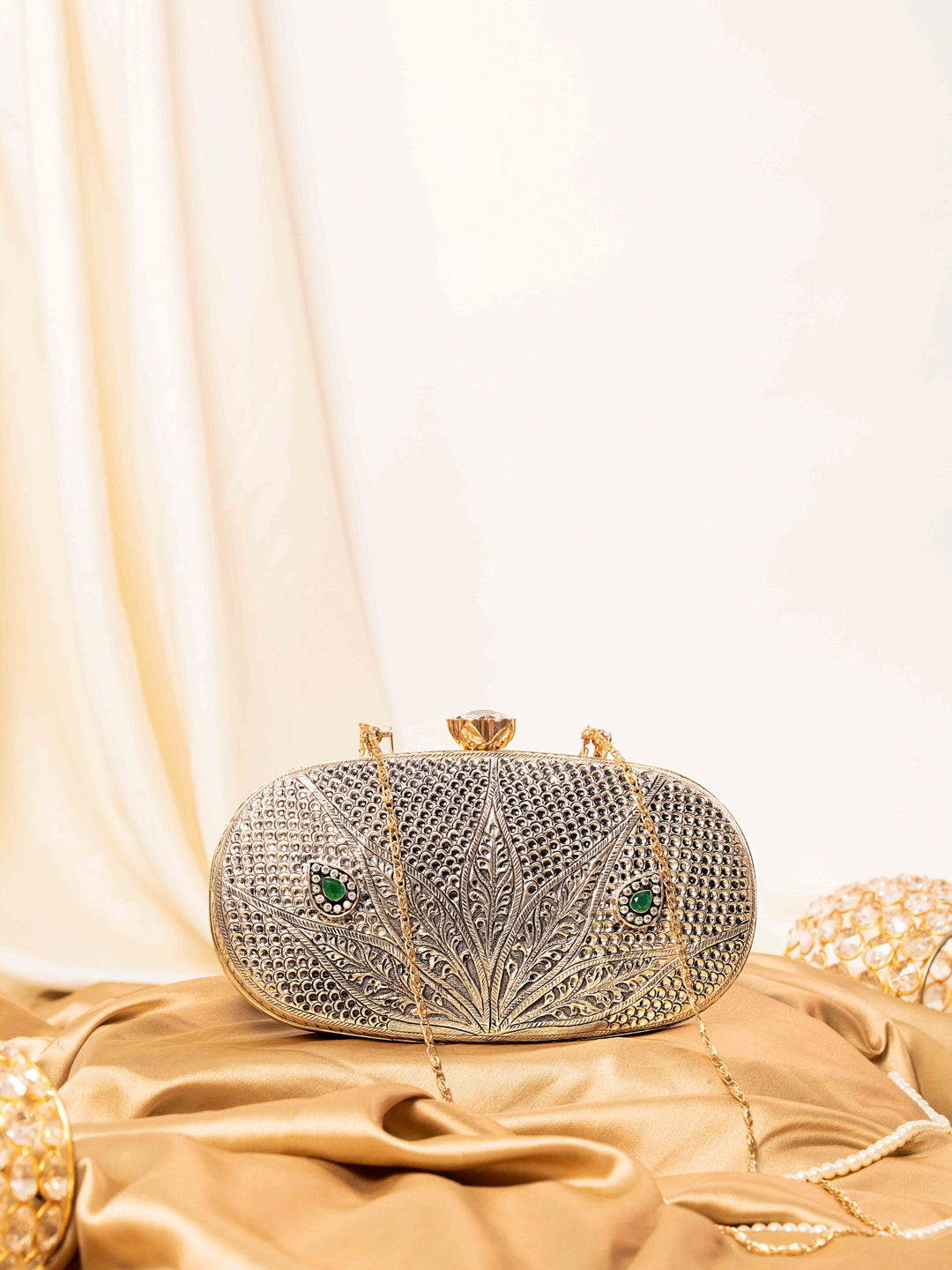 Silver Emerald Oval Clutch (Price on Demand)