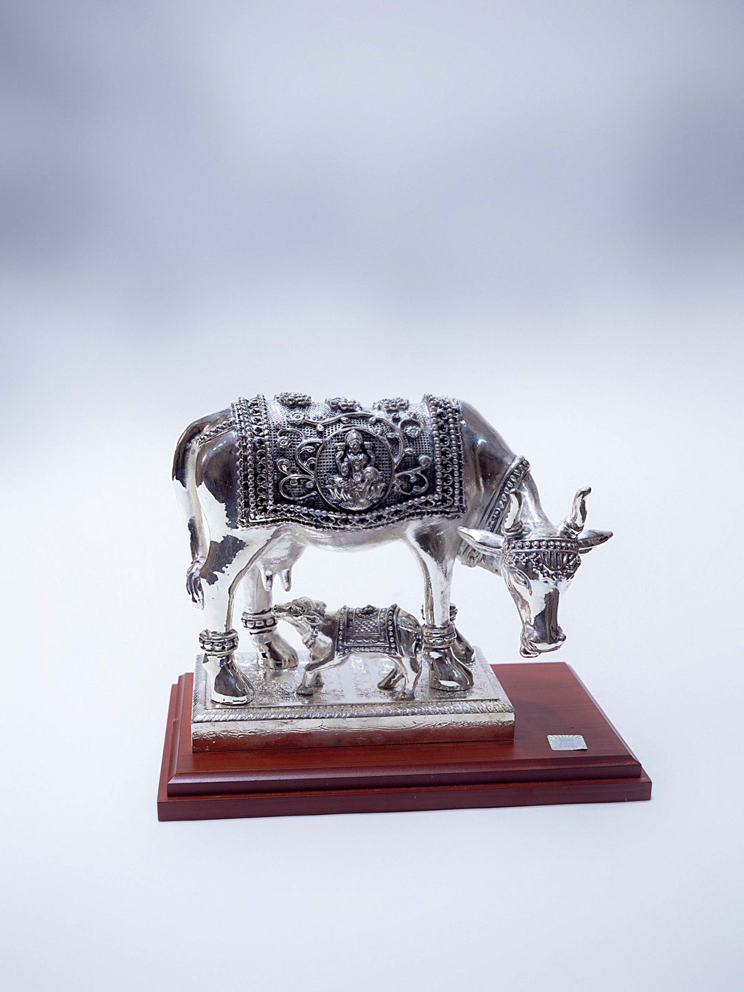 Silver Cow in Antique Finish on Wooden Base