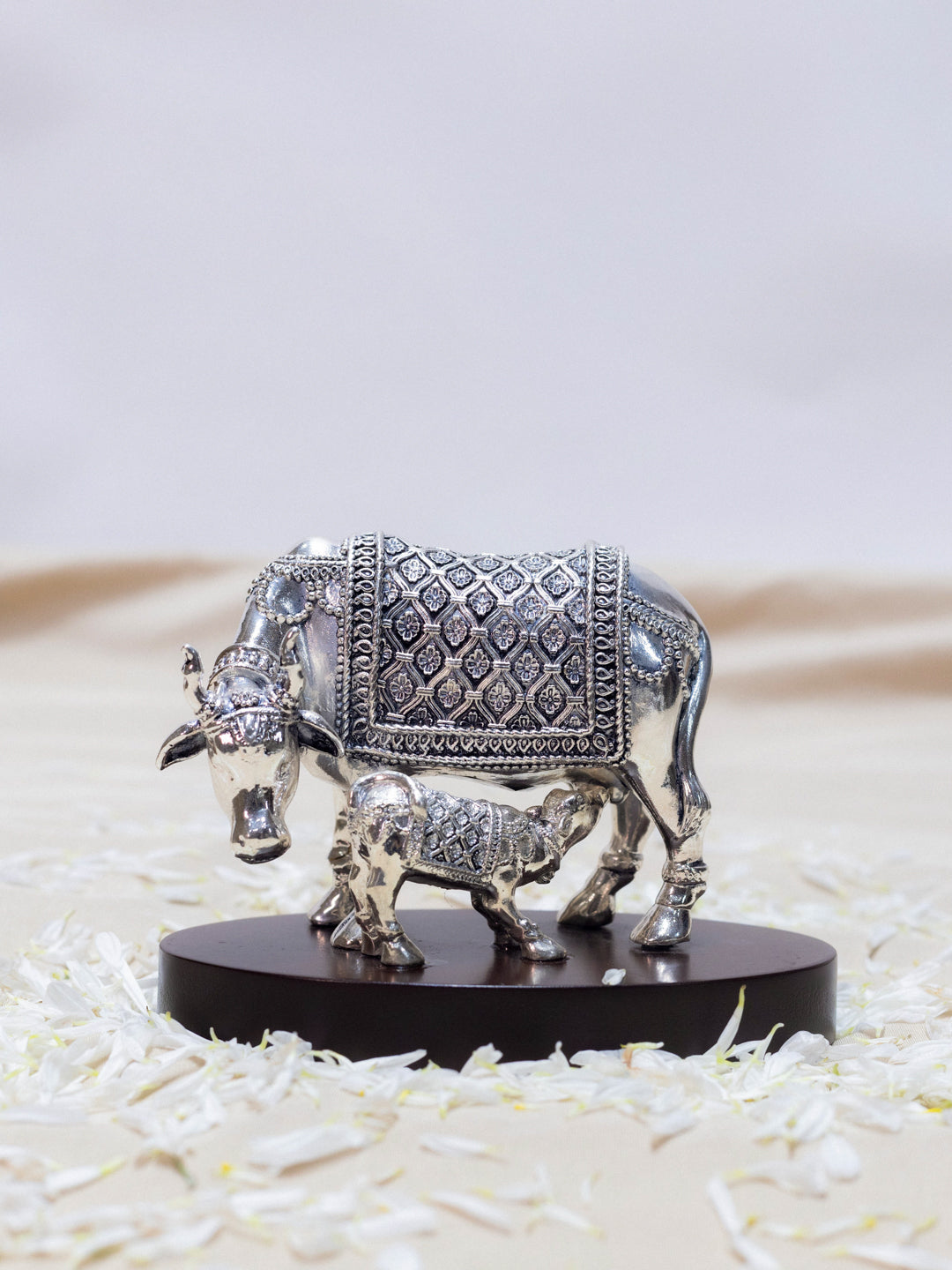 Silver Cow in Antique Finish on Wooden Base