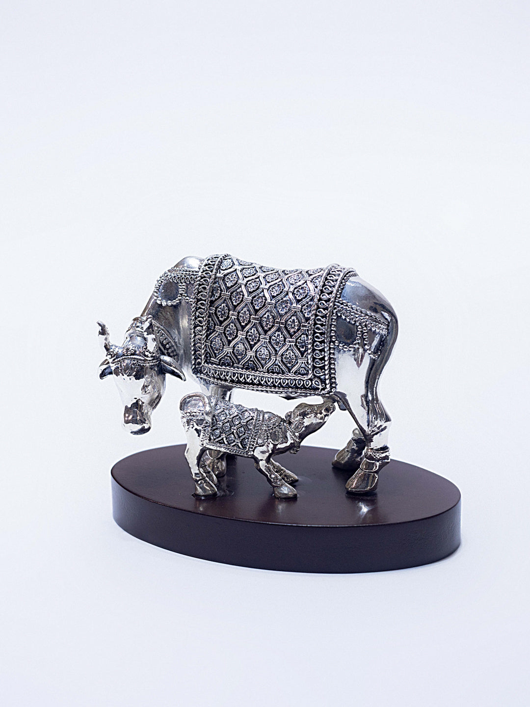 Silver Cow in Antique Finish on Wooden Base