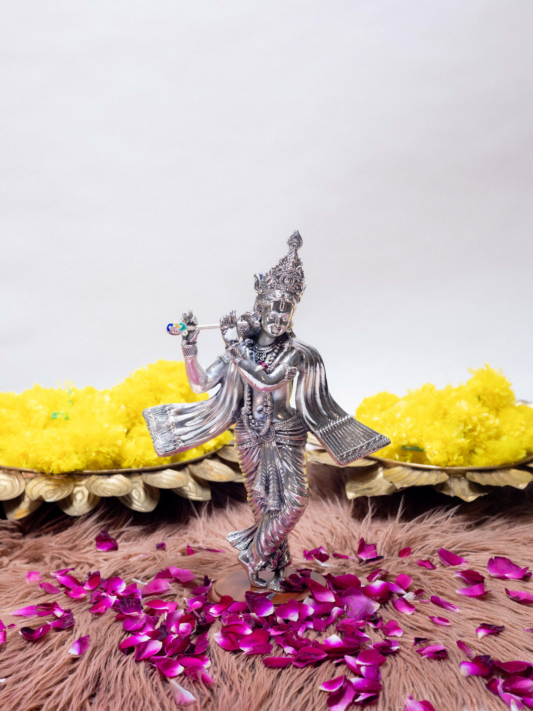 Silver Krishna Ji Playing Bansuri on a Wooden Base