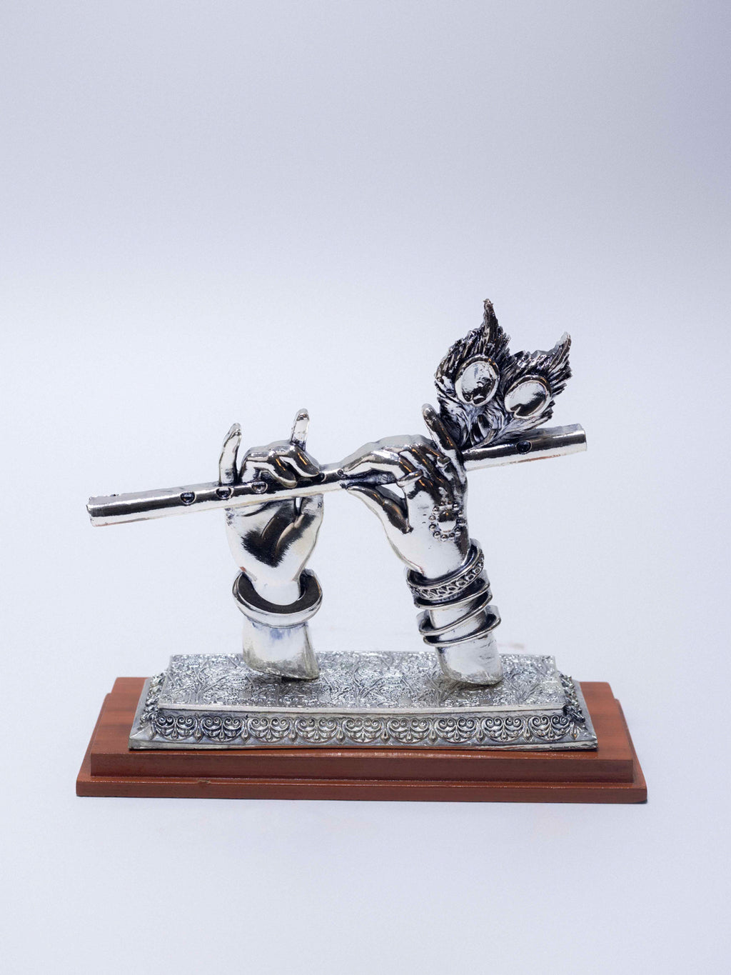 Silver Krishna's Divine Hands Holding Bansuri With Mor Pankh