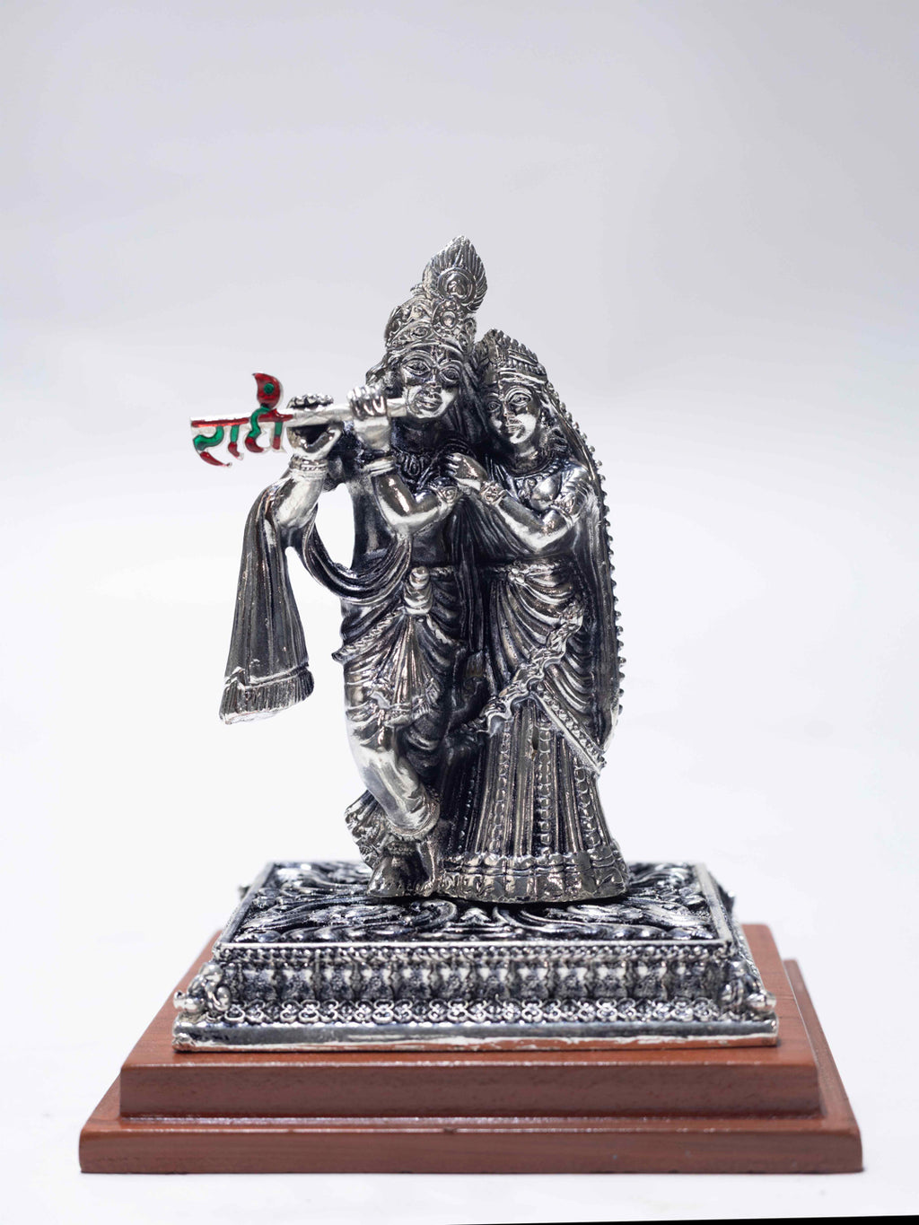Silver Radha Krishna on Wooden Base