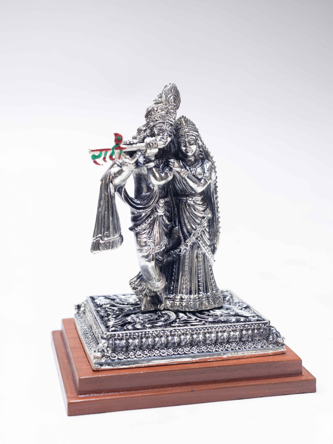Silver Radha Krishna on Wooden Base
