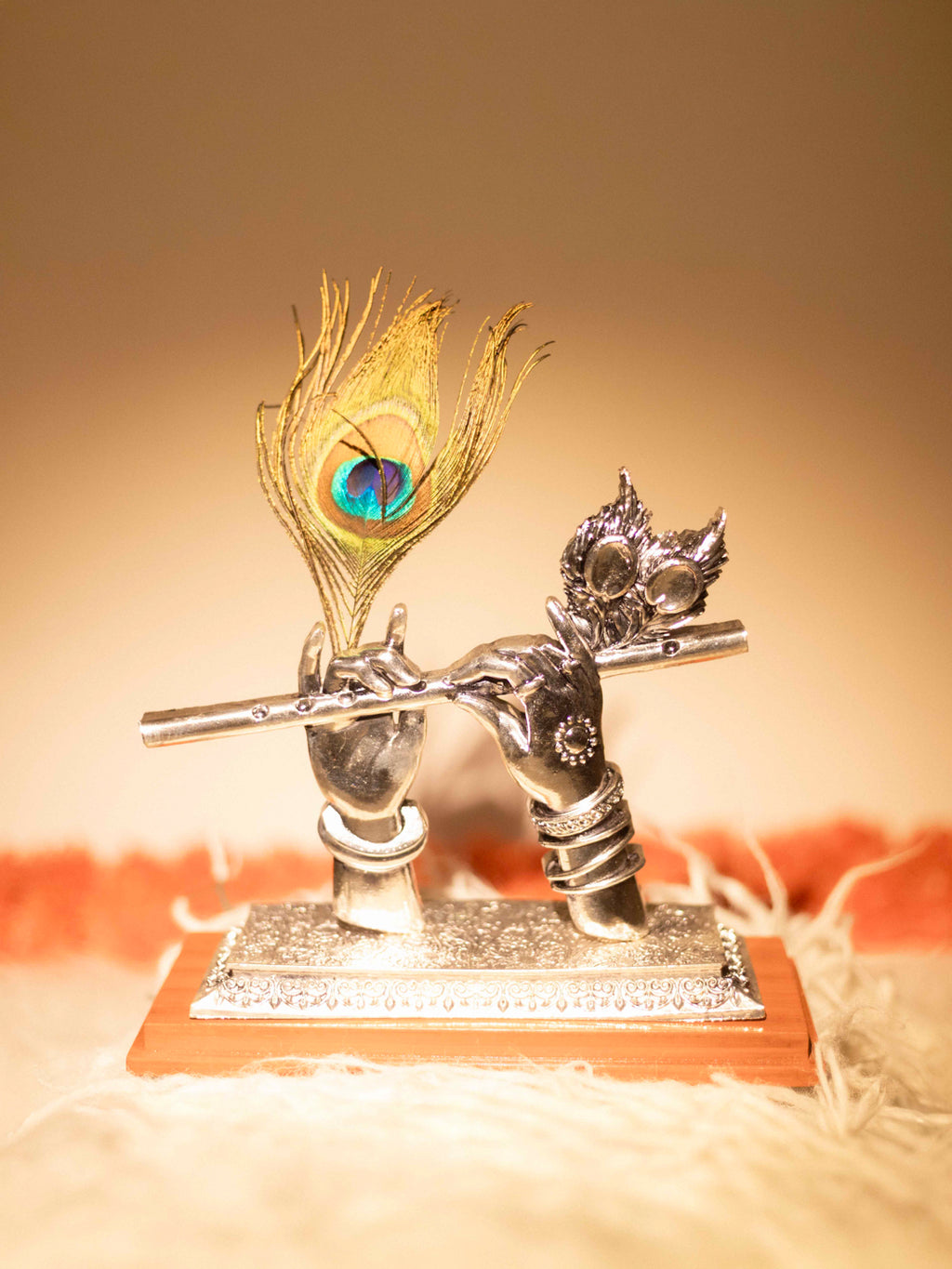 Silver Krishna's Divine Hands Holding Bansuri With Mor Pankh