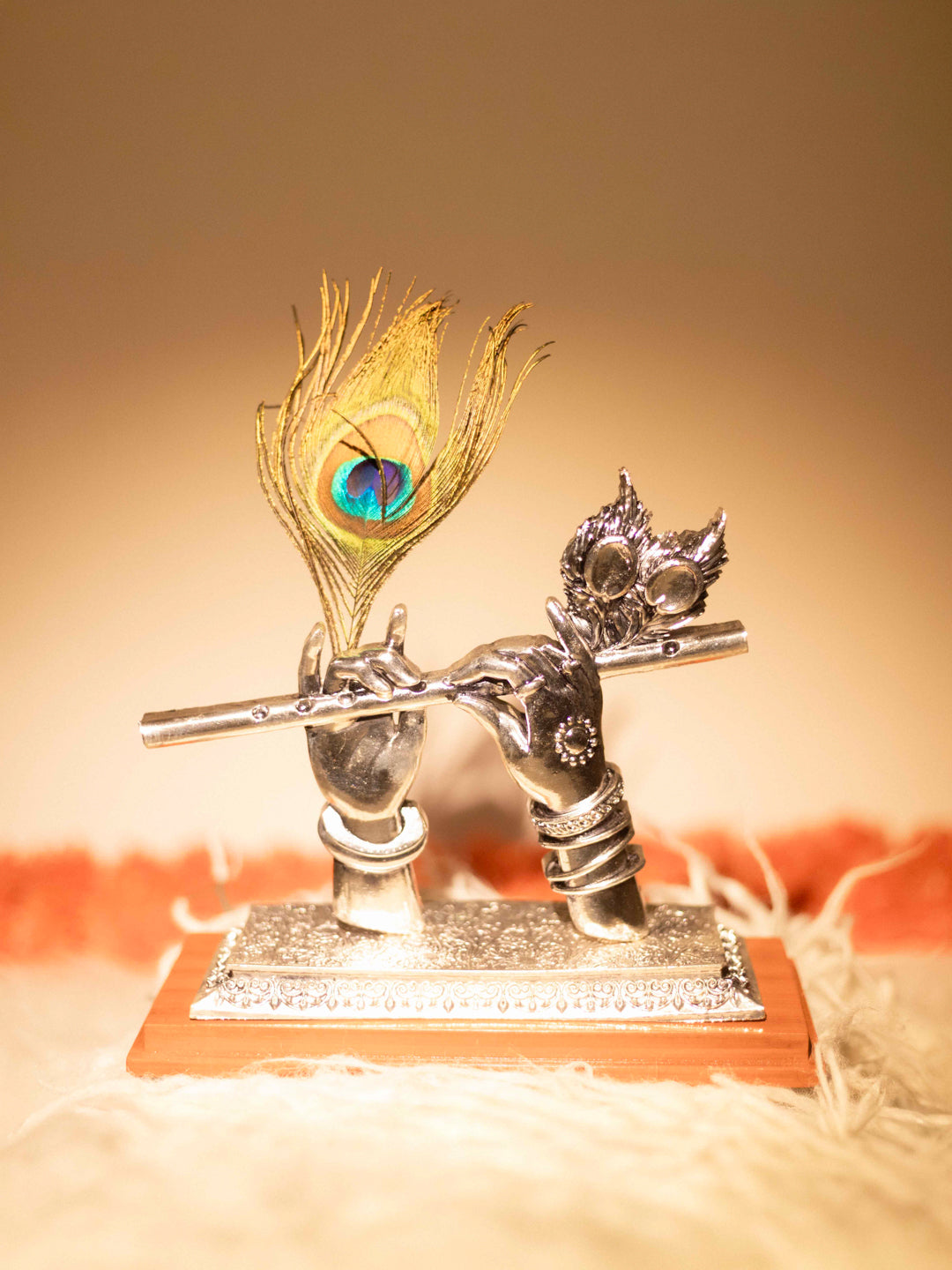 Silver Krishna's Divine Hands Holding Bansuri With Mor Pankh